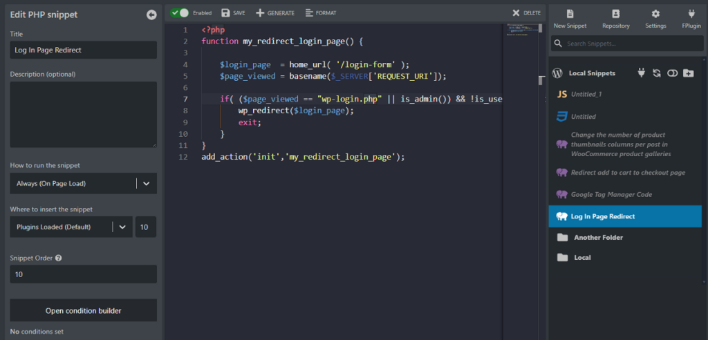 login page redirect using code snippet